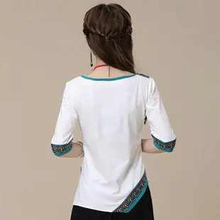 中國風上衣春夏民族風女裝短袖t恤刺繡V領大碼中袖不對稱唐裝茶服