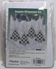 Herrschners Christmas Craft Sequin Ornament Kit CHECKERED PINES GREEN MakeSetOf4