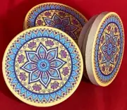 Set of 3 Blue/Yellow Mandala Painted Bamboo Lids for Oui Jars