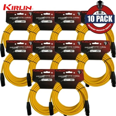 10-PACK Kirlin 25FT 3-Pin XLR Male to XLR Female 20AWG Microphone Cable Yellow