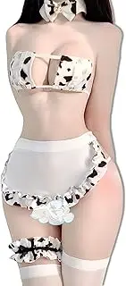 [Mewfacos] Maid Womens Anime Cow Cosplay Bikini Kawaii Bra and Panty Set Japanese Anime Lingerie Mini Lingerie Set for Parties White, White, One Size