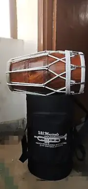 Wooden Musical Dholak Recording Bolt Brown Instrument Drum With Carry Bag