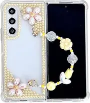for Samsung Galaxy Z Fold 6 5G Case, LightNice Cute Luxury Colorful Pearl Flower Floarl Cover with Chain Girls Women Handmade Phone Case - Gold