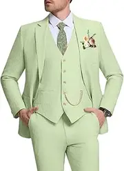 [Pyiuhs] Linen Men Suit 3 Piece Slim Fit Mens Linen Suits Blazer Jackets Vest Pants Set Summer Wedding Prom Tuxedo Outfit