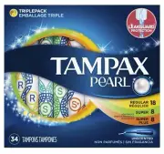 Tampax Pearl Unscented Tampon LeakGuard Protection R/S/S+ Absorbency 34Ct 3 Pack
