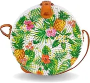 [Generic] Handwoven Round Rattan Bag with Leather Shoulder Strap-Natural Flower Print Cross Body Bag for Girls - Beach Style Fashionable Shoulder Bag-Woven purse Flexible for Daily Use - Women's