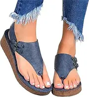 [XBCDX] Womens Flats Sandals Flip Flops Thongs Faux Leather Open Toe Buckle Design Ankle Strap Wedge Sandals Clip Toe Retro Fashion Platform Beach Walking Shoes,Blue,US4/EU35