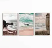 Set of 3 Beach Palm Tree Wall Art Prints Surfing Poster Coastal Print