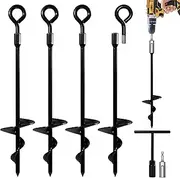 VASGOR 15" Ground Anchors (4pcs) Easy to Use with Drill, Heavy Duty Anchor Hook for Camping Tent, Canopies, Car Ports, Sheds, Swing Sets, Securing Animals – Black Powder Coated (Black)