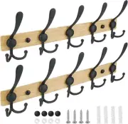TICONN Wall Mounted Coat Rack, Five Heavy Duty Tri Hooks All Metal Wood Black