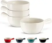 KooK French Onion Soup Crocks, Stackable Ceramic Bowls with Handles, Oven, Microwave and Dishwasher Safe, for Cereal, Soups, Casseroles, with Handle, Stoneware, 24 oz, Set of 4, White