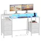 White Computer Desk with Power Outlets & LED Lights, Reversible Gaming Desk w...