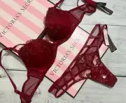 Victoria's Secret Midnight Affair Embroidery Push-Up Bra Red Thong Set Red
