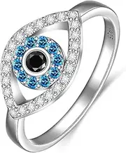 [Fenthring] Evil Eye Ring Sterling Silver Protection Blue Sapphire Spiritual Turkish Rings for Women Men Mal De Ojo Greek Nazar Amulet Jewelry Size 6-9
