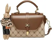 [Generic] Designer Handbag with Checkered Pattern, Brown Leather Flap, Decorative Rabbit Charm, Gold Hardware