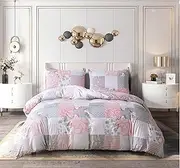 Prime Linens Duvet Cover Set 4 Pcs Polyester-Cotton Quilt Cover Bedding Set With Pillow Cases and Extra Fitted Sheet Included Easy Care (Grey Floral, Super King 4 Piece)