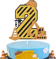 Construction 2th Birthday Cake Topper for Kids Boy Girl Truck Excavator Forklift Dump Bulldozer Road Roller Engineering Themed Two Year Old Happy Birthday Party Supplies