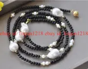 Natural 4mm Black Agate 15-20mm White Keshi Pearl Super Long Necklace 50''