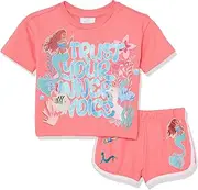 [Disney] Girls the Little Mermaid Movie Girls French Terry Tee & Short Set - Ariel, Flounder, Sebastian