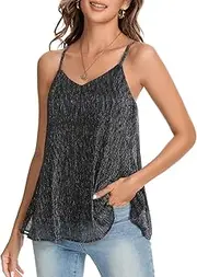 [BILIKE JOMEX] Women's Sparkly Camisole Tops Glitter Sexy V Neck Spaghetti Strap Tank Cami Shirt, Black, XX-Large