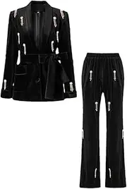 [HEYDHSDC] Lady Tassel Velour Solid Suit Single-Breasted Long Sleeve Blazer Wide Leg Pants Set