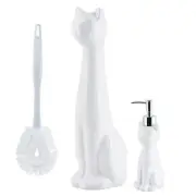 3-Piece Ceramic White Cat Toilet Brush Holder w/Plastic Brush & Soap Dispenser