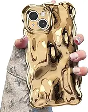 UEEBAI Case for iPhone 15 6.1 inch, Cute Solid Color Curly Wave Shape Shockproof Soft Bumper Phone Case, Candy Water Ripple 3D Silicon Slim Pretty Case Aesthetic Cover, Gold