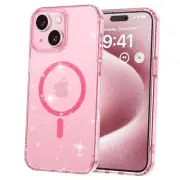 for iPhone 15 Case Magnetic Clear Glitter Bling for iPhone 15 6.1" Pink Glitter