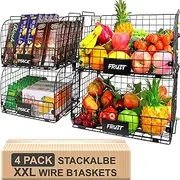 4 PACK XXL Stackable Wire Baskets for Storage Pantry,Fruit Basket For Kitchen Cabinet,16.3''x12''x8.2''Metal Baskets For Organizing,Vegetable Fruit Snack Chips Onion Potato Cans Organization