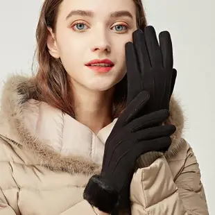 【AnnaSofia】保暖觸屏觸控手套-短毛袖打褶設計(黑系)