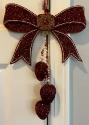 Sparkling Red Sequined Valentine Hanging Bow Multi-Colored "Pearls" and Hearts