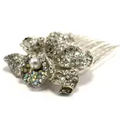 Hand Made Hair Jewelry Elaborate swarovski crystal Flower Hair Bridal Comb White