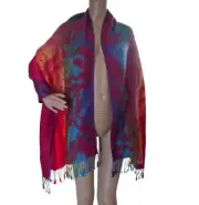 Pashmina Scarf Shawl Wrap Silk Blend Peacock Print Fringe Oversized NEW
