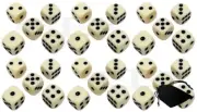 Lot (30) 15mm Rounded Corners Light Ivory Tone Dice Black Pips Dots with Pouch