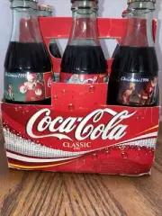6 Different SANTA CHRISTMAS 8 OZ FULL COKE COCA COLA GLASS BOTTLES + CARRIER HTF