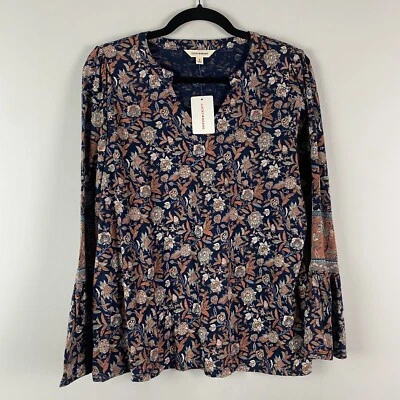 Lucky Brand Notch Neck Bell Sleeve Top Small Blue Floral Cotton Modal