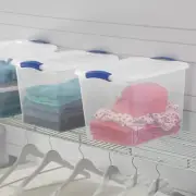Stackable Plastic Tote Box Storage Containers Bin 27 Qt, Blue Latches with Clear