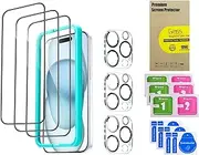 [3+3 Pack] Premium Tempered Glass Screen Protector for iPhone with Camera Lens Protector and Installation Alignment Frame Case Friendly and cleaning accessory kits ,HD Clear- 3 Pack Each (iPhone 15 Pro)