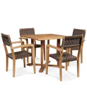 Curated Maison Clairene 5-Piece Square Teak Table Outdoor Dining Set With Woven Stacking Arm Chairs