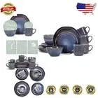 Elegant 16-Piece Reactive Glaze Ceramic Dinnerware Set - Purple Ombre Blue