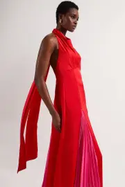 Drama Halter Pleat Insert Woven Maxi Dress