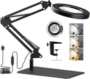 Magnifying Glass with Light and Stand, 5X Magnifying Desk Lamp with Base & Clamp, 3 Color Modes, Adjustable Brightness, Magnifier with Light for Repair, Crafts, Soldering