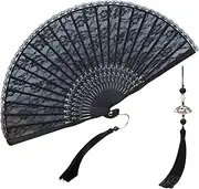 Black lace folding hand fan, black fan, antique fan, cheongsam lace fan, panda pendant fan, Chinese fan.
