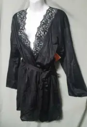 CONTESSA Black ROBE Knee SEXY W/ LACE NYLON LONG SLEEVE MEDIUM 34" BUST