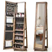 CostwayStanding Jewelry Organizer with Full Length Mirror and Back Shelves-Rustic Brown