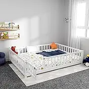 Full Size Floor Bed for Children, Solid Wood Montessori Bed Frame with Fence & Door Montessori Floor Bed with Safety Guardrails for Girls and Boys, White (with Bed Slats)
