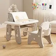 Kids Table & Chair Set, Toddlers Art Table with Drawing Desktop and Bookshelf 4th Gear Adjustable Height Easy to Clean Children's Table for Playing, Drawing, Reading, Eating