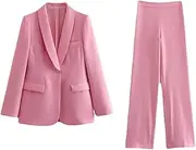 [Generic] Women's Bright Color Temperament Long Sleeved Suit Set Solid Color Casual High Waist Loose Office Set Two-Piece Set