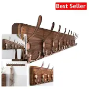 Vintage Wooden Coat Rack 38.6" Long - 10 Heavy Duty Hooks for Wall Mounting