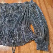 White House Black Market Black Sparkle On OR Off Shoulder Top W/Peplum Sz M NWT